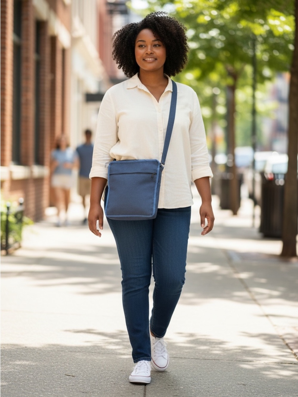 Blue and Tan Embroidered Canvas ladies crossbody